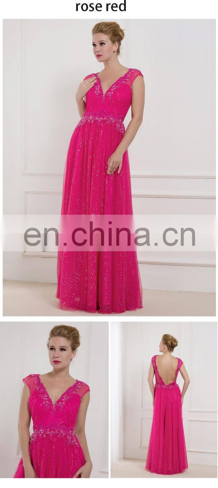 C5012 V-Neck Cap Sleeve long Length Lace evening dress for Wedding 2016