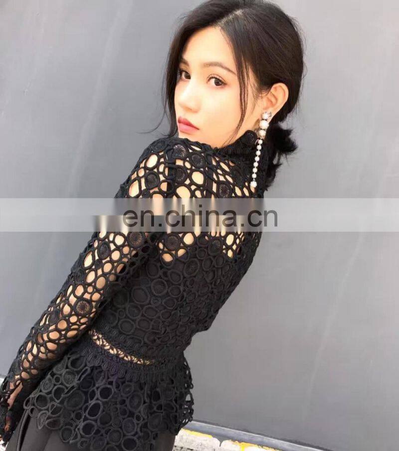 ladies formal wear women long sleeve black pelpum lace turtleneck dresses