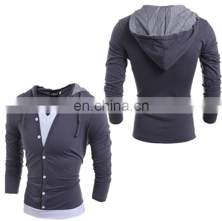 New Fashion Mens V Neck Long Sleeve Slim Fit Hooded Casual T-Shirt Tops Tee Shirts