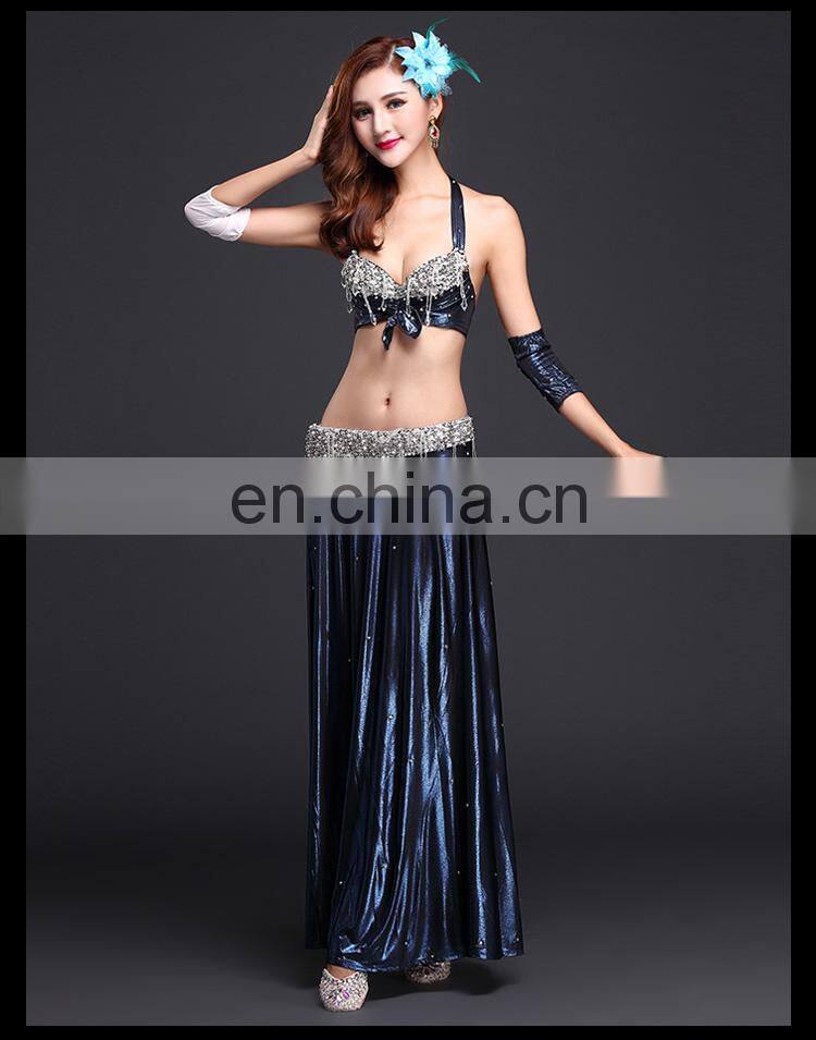High-grade 5pcs hot stamping ice silk bellydance costume with handmade bell