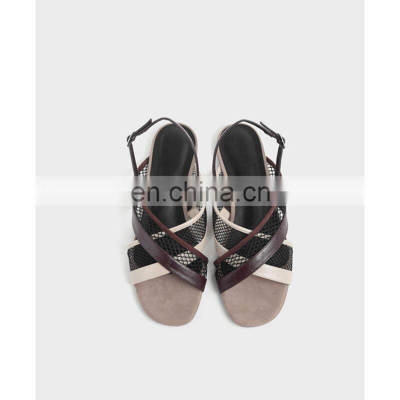 Elegant fancy mesh design two toe metal buckle closure adjustable strap ladies sandals women cross strap footwear shoes