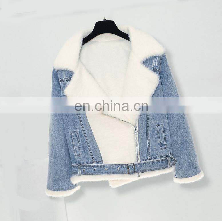 New style factory sherpa women fashion winter jacket berber Fleece Fancy denim ladies motorcycle jacket