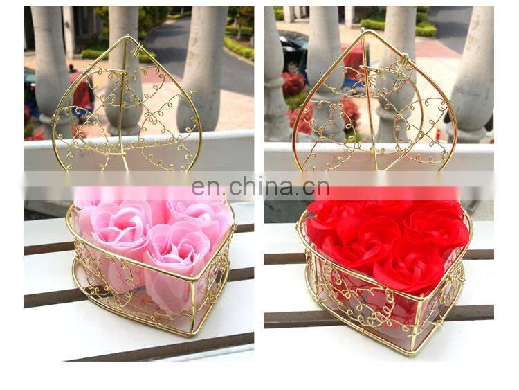 6pcs Soap Rose Flowers Gift Box Iron Basket Small Bouquets Gift Box Heart Shape Christmas Wedding Party Valentine's Day Gifts
