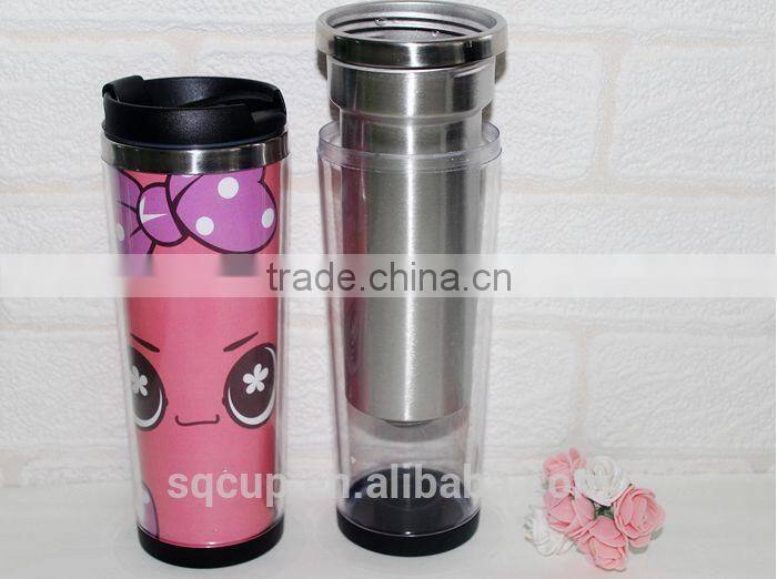 2014 New design inner stainless steel outer plastic thermal mug