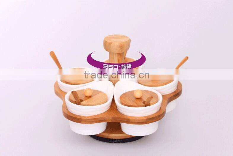 ceramic condiment set with bamboo rack