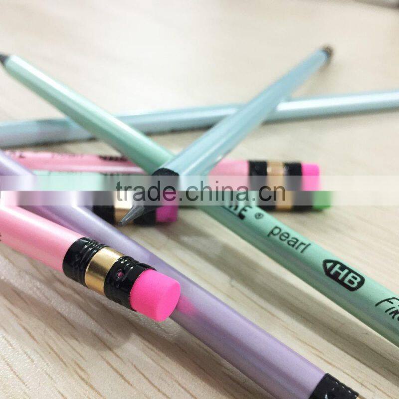 Standard size round shape pearl color coating body black wood HB pencil sharpened with eraser