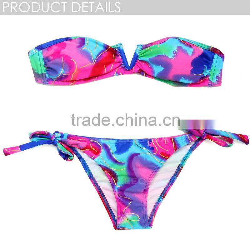 RELLECIGA 2016 New Sexy Abstract Foil Pattern V Wire Bandeau Bikini Swimsuit