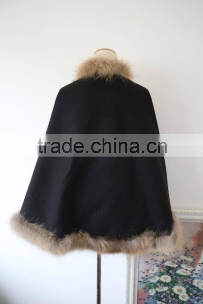 Graceful Natural Raccoon Fur Edge Cashmere Shawl Winter Fur Trim Pushmina Like Poncho Cape