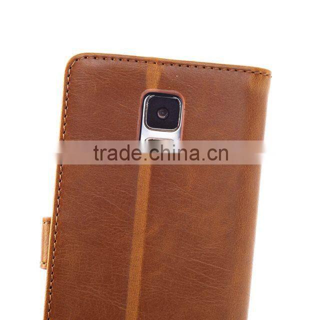 Factory Promotionable Crazy Horse Pattern Leather With Card Bag And Support Stand Cell Case For Samsung S5
