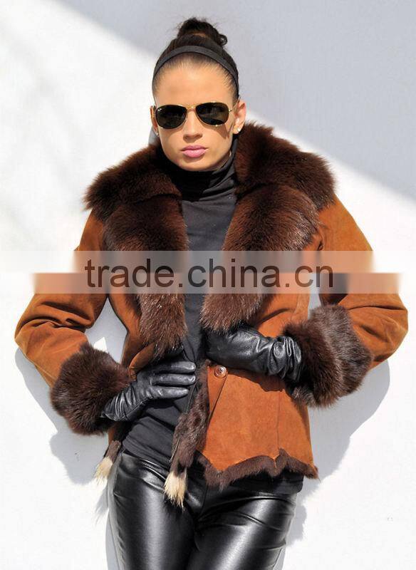 Integrated,Brown,Rabbit Fur Collar,Lamb Skin Jacket Women!!