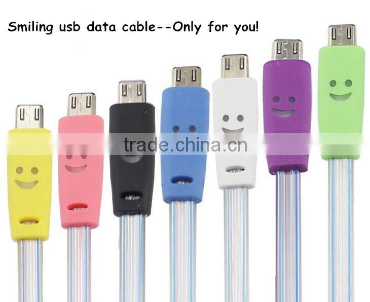 Mix Color Flashing Visible Luminous Smiling Face Micro USB Cable LED Glow Sync Data Charger Cables, Noodle Cables for Samsung