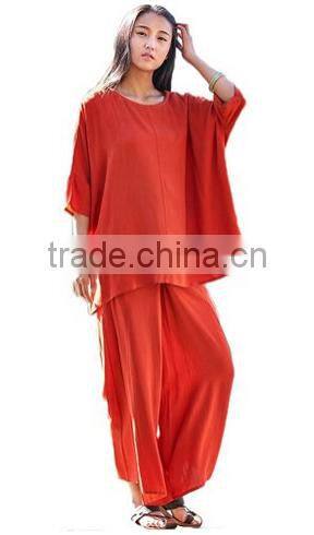 Women's Solid Loose Cotton Linen 2 Pcs Dolman Blouse Wide leg Pants Suits