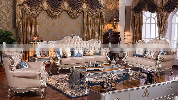 Classic European style living room solid wood magnolia flower hand carving genuine leather sofa set