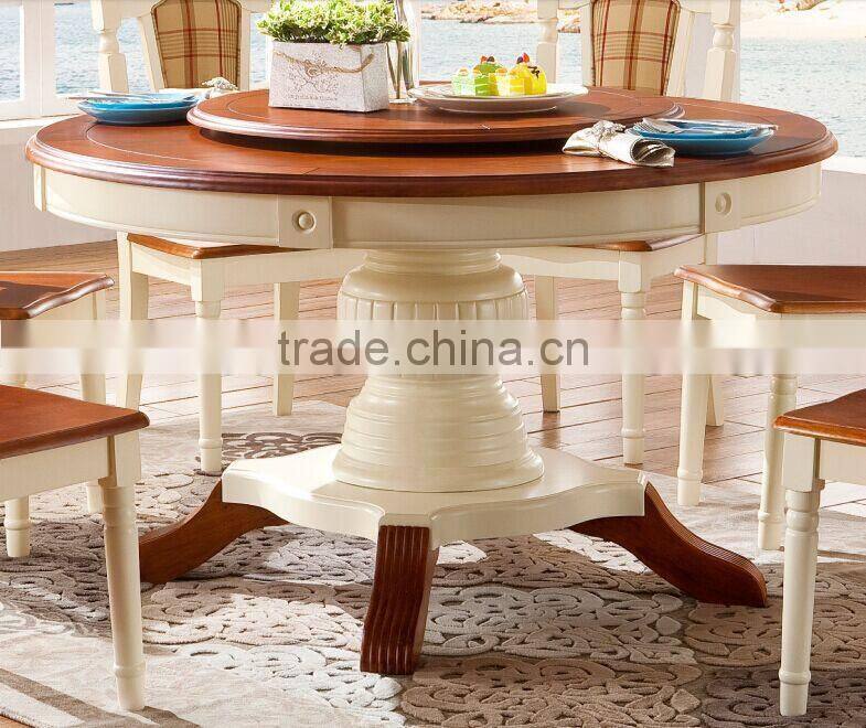Fresh Mediterranean style solid wood white dinding room round dining table set