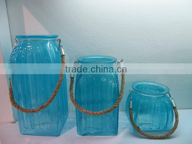 Set of 3 Threaded Glass Antique Blue Decorative Vintage Candle Jars Wholesale