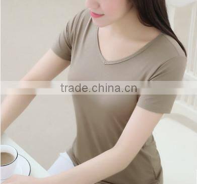 2016 Latest Summer Women Solid Color Heart-shaped Collar Modal Slim Base Short Sleeve T-shirt
