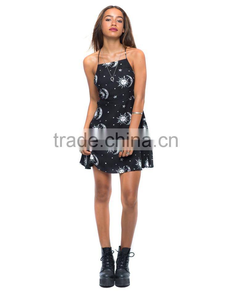 New fashion print women party dresses spaghetti strap backless dress
