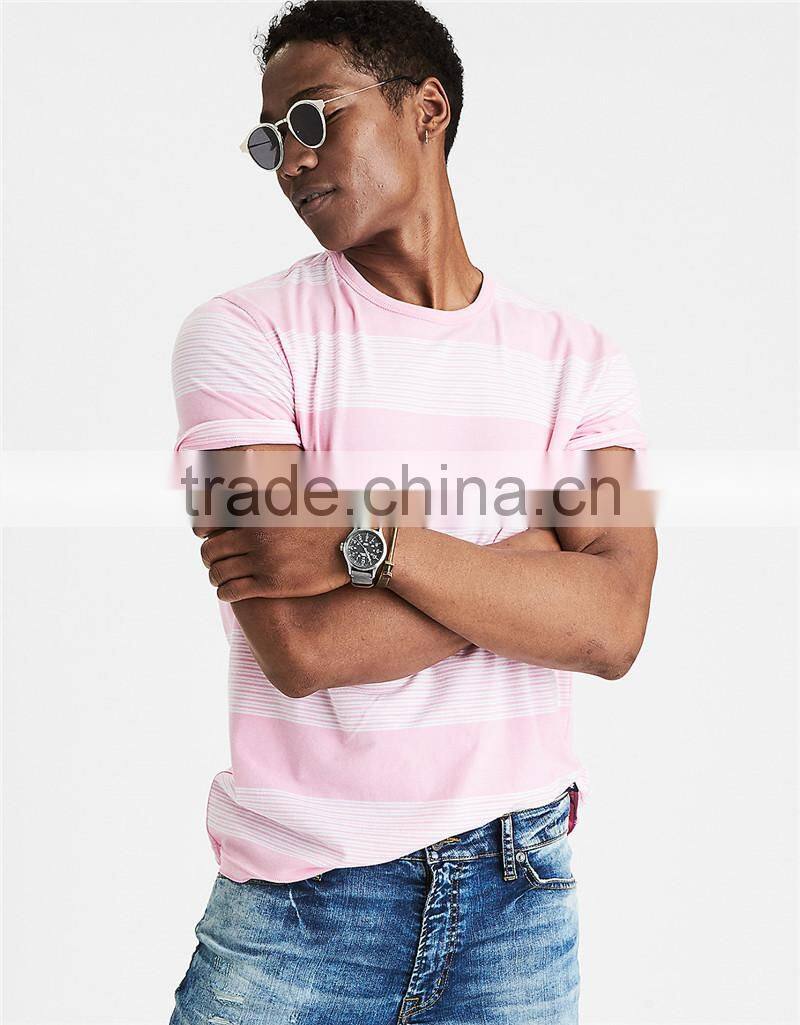 MGOO OEM Service Pink And White Horizontal Stripe T-shirts Mens Slim Fit 100% Cotton T Shirt