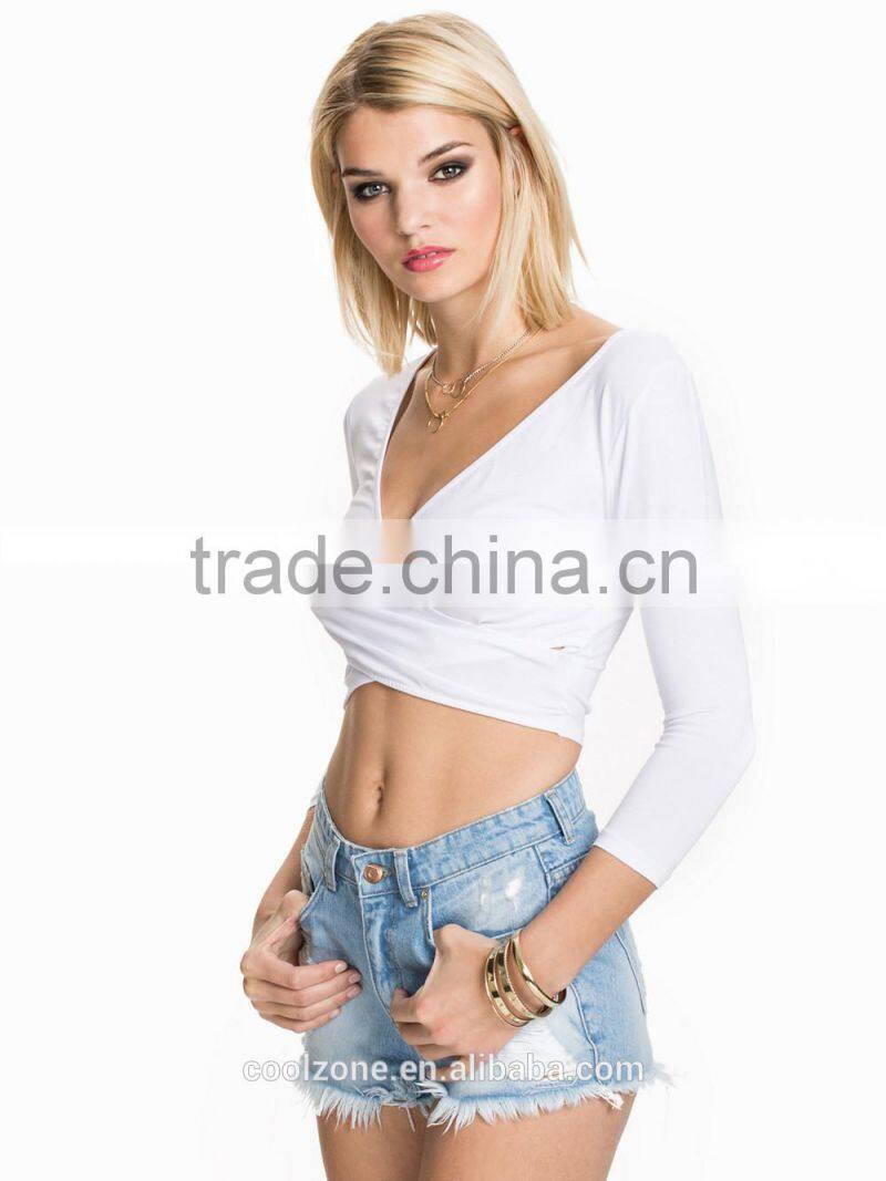 Latest new design v neck crop top plain wholesale long sleeve women crop top