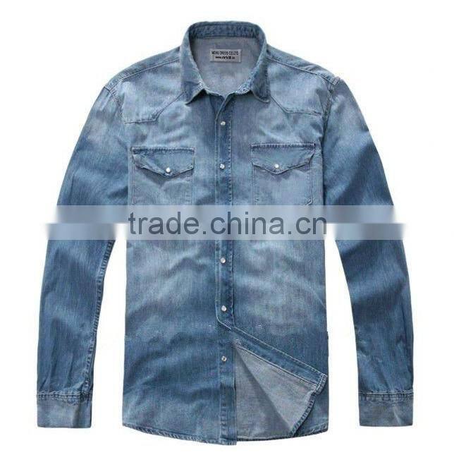 denim long sleeve shirts double pockets stitching men shirts