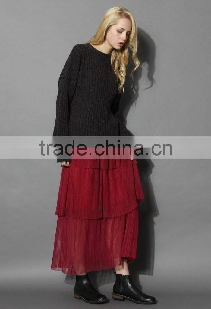 2016 Guangzhou Shandao Supplier Latest Model Good Quality Women Summer Casual 3 Layers Pleated Red Long Chiffon Skirt