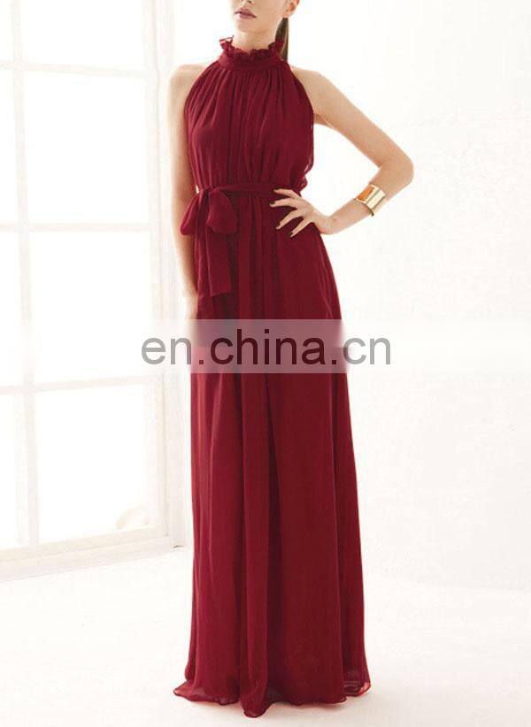 CHEFON High neck chiffon red evening dresses long
