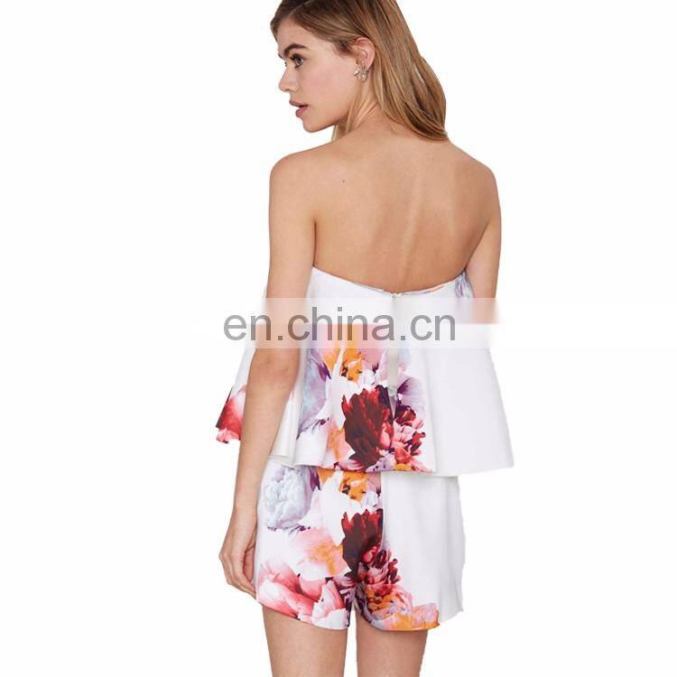 Fashion Ladies Off Shoulder Wrapped Layered Jumpsuit Custom Printed Floral Adult Romper Women