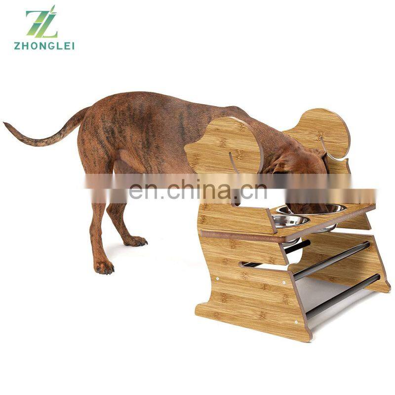Bamboo Pet Feeder Puppy Style Height Adjustable Raised Kitchen Pet Feeding Station w/ Stainless Steel Food Bowls for Dogs & Cats