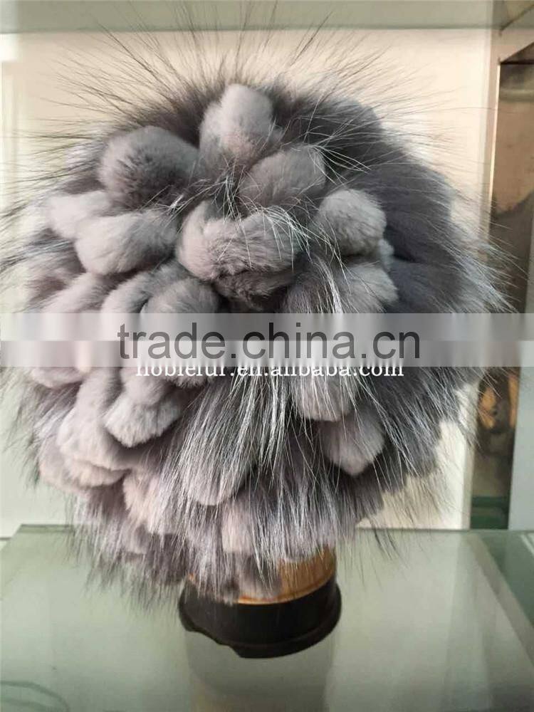 2015 best quality Korean style rex rabbit Hat with fox fur pompom