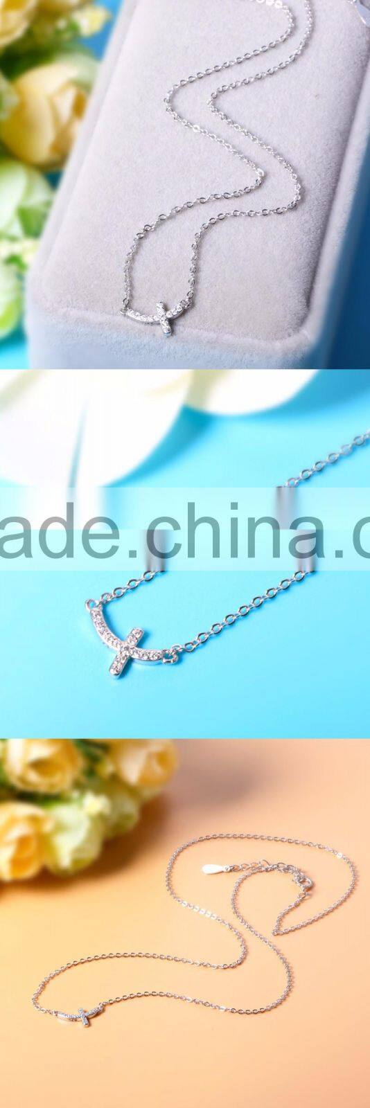 925 Sterling Silver Full CZ Sideways Curved Cross Charm Necklace