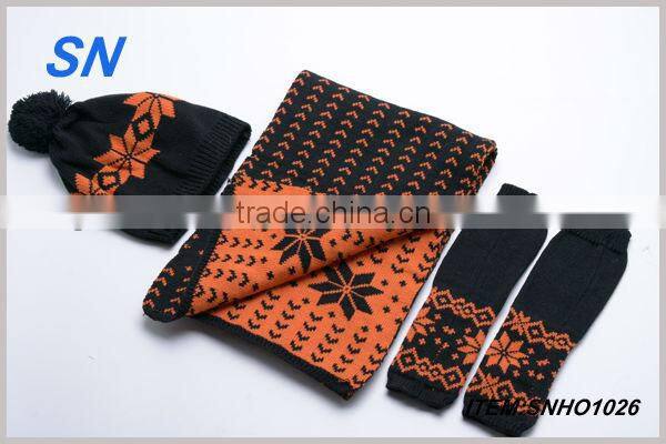 2015 new style knitted beanie women winter hat with scarf and gloves
