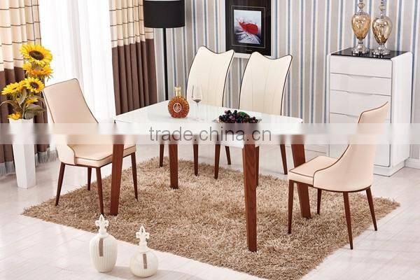glass top wooden color steel leg dining table with tempered glass top
