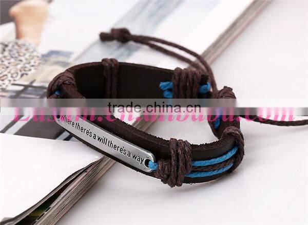 EU new design leather cuff bracelet with engraved metal plate