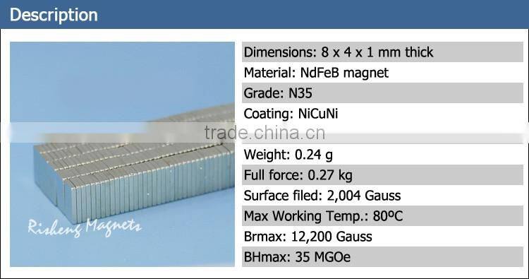 Sintered Neodymium blocks magnet 8x4x1mm square magnet