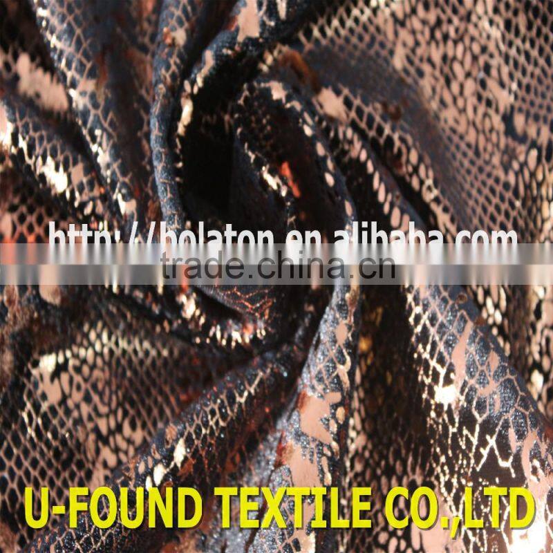 new fancy item 95% polyester 5% spandex warp knitted velvet with bronze foil python pattern print fabric