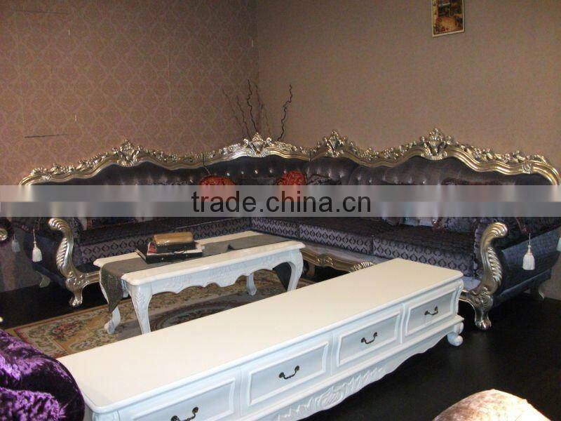 high end fabric crystal button wood carved customized corner sofa DXY-3048#