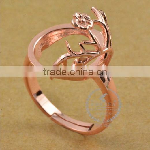 14mm 925 sterling silver rose gold flower branch round bezel ring base blank supplies DIY findings 1216002