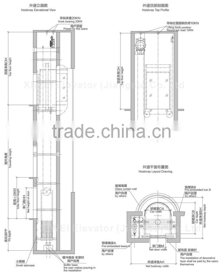 High Quality Famous Brand XIWEI Best-selling 800kg-1000kg , 1.0m/s-1.75m/s Full View and Outdoor Glass Panoramic Elevator