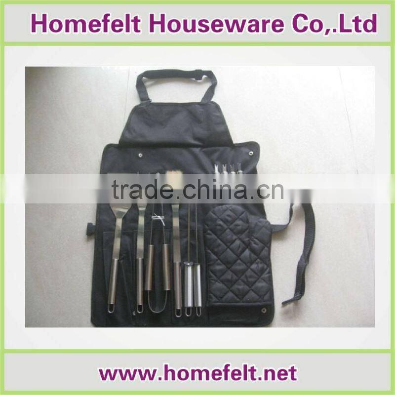 China supplier wooden hanlde BBQ Tools and Gloves Set with beautiful Apron