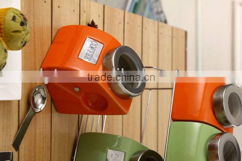 durable ceramic canister set with metal stand & spoon