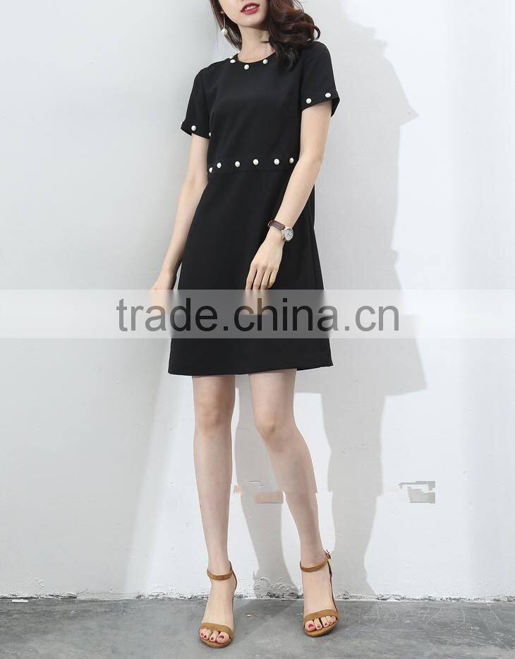 guangzhou oem clothing white pearl embellishment dresses short sleeve black slim dress
