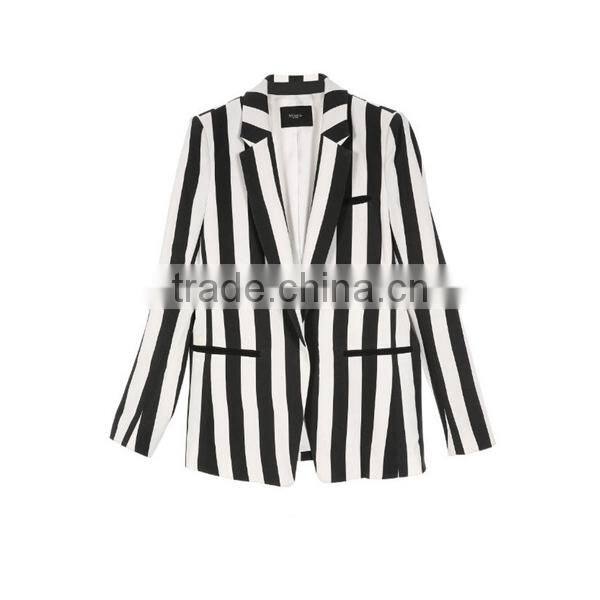 white/black stripe long sleeve women winter jacket with single buttoned