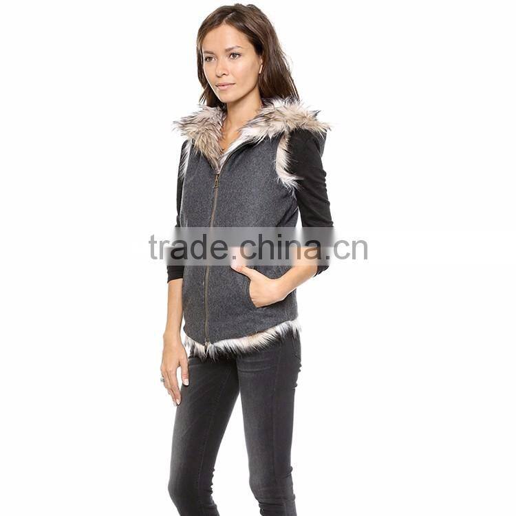HAODUOYI Women Fashion Gray Faux Fur Two Way Sleeveless Coat