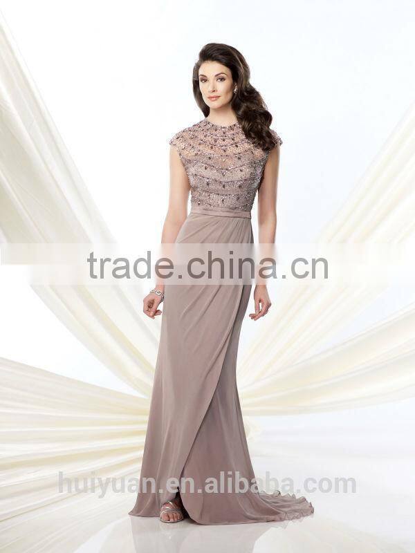 2014 high neck cap sleeve bead embroidered evening dress