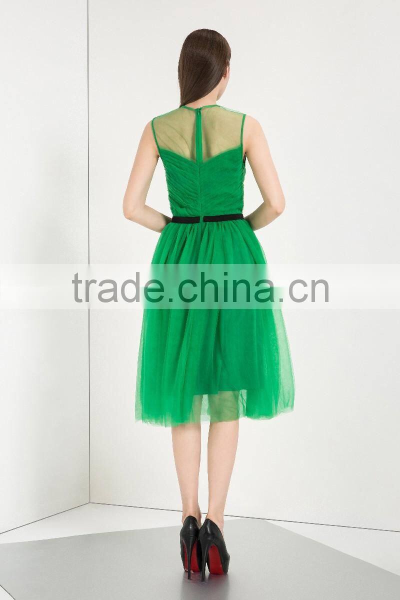2016 Hot Selling Women Fashion Sleevless Mesh Tutu Evening Dress Green Beaded Short Dress of Evening