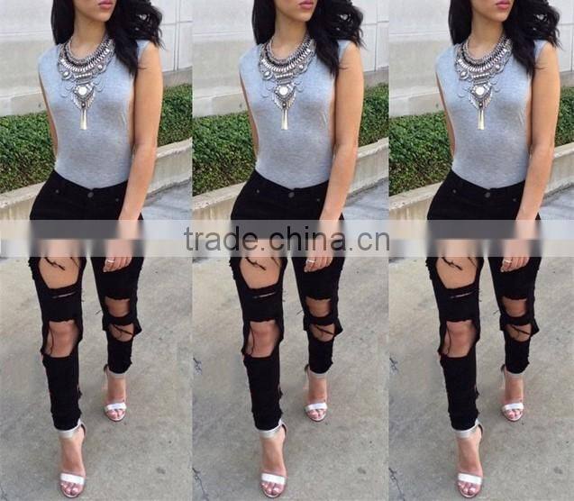 2016 women pants Ladies Casual white and black with waist-length Ripped distressed female jeans