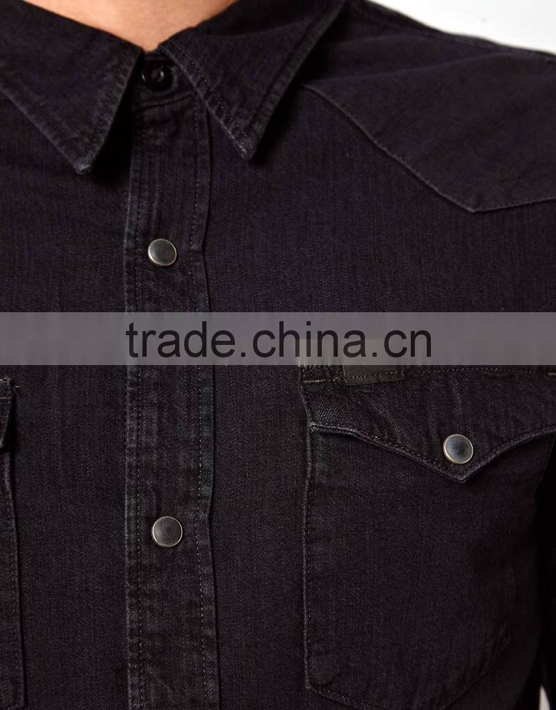 Western Slim Fit Pitch Black Denim Shirt