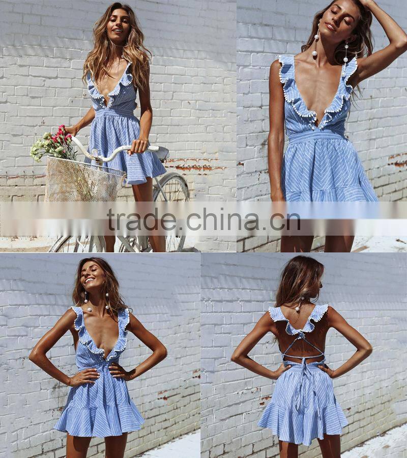 Deep V Neck Side Cross Sexy Dress Lady Fashion Summer Dresses Women Lady