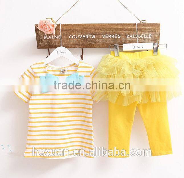 S80003T summer fashion striped bowknot T-shirts+ lace culottes , children clothing sets 2-5 years kids clothing sets