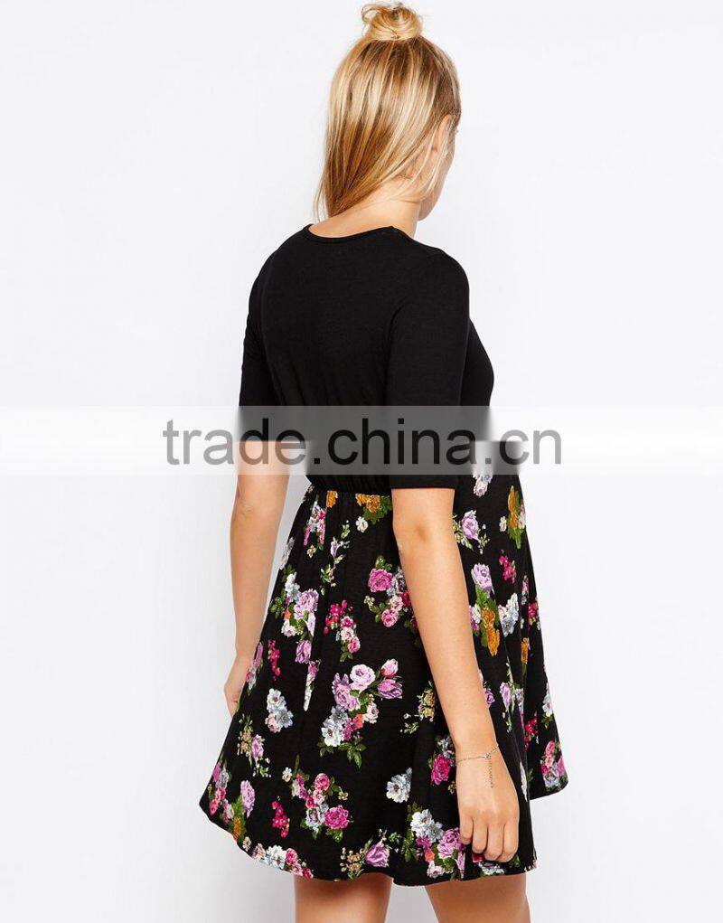 Maternity Floral Skater Dress With Plain Top And Twist Front